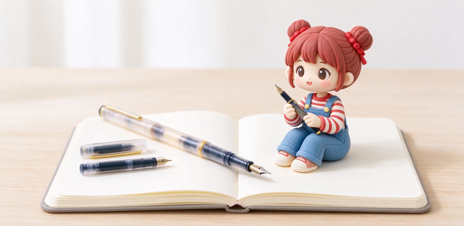 鋼筆結構分解示意插畫,標示出金屬筆尖、中央筆縫、換氣小孔、筆舌鰭片、筆桿與卡式墨水管位置。