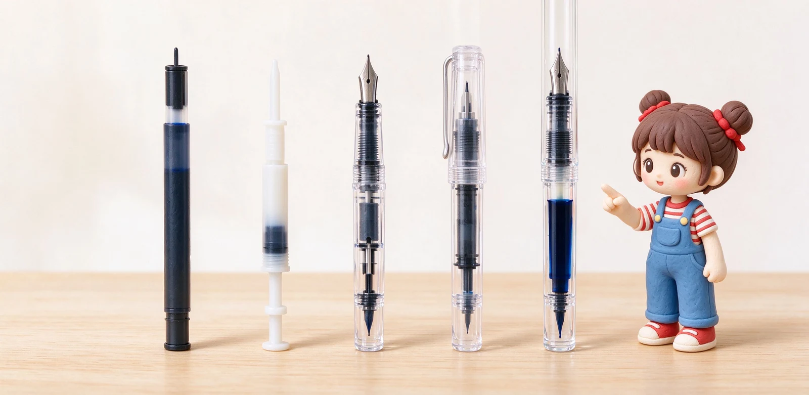 使用吸墨器從墨水瓶吸墨的四步驟插畫，筆尖浸墨、旋轉吸取、墨水上升、最後擦乾筆尖蓋上筆蓋。