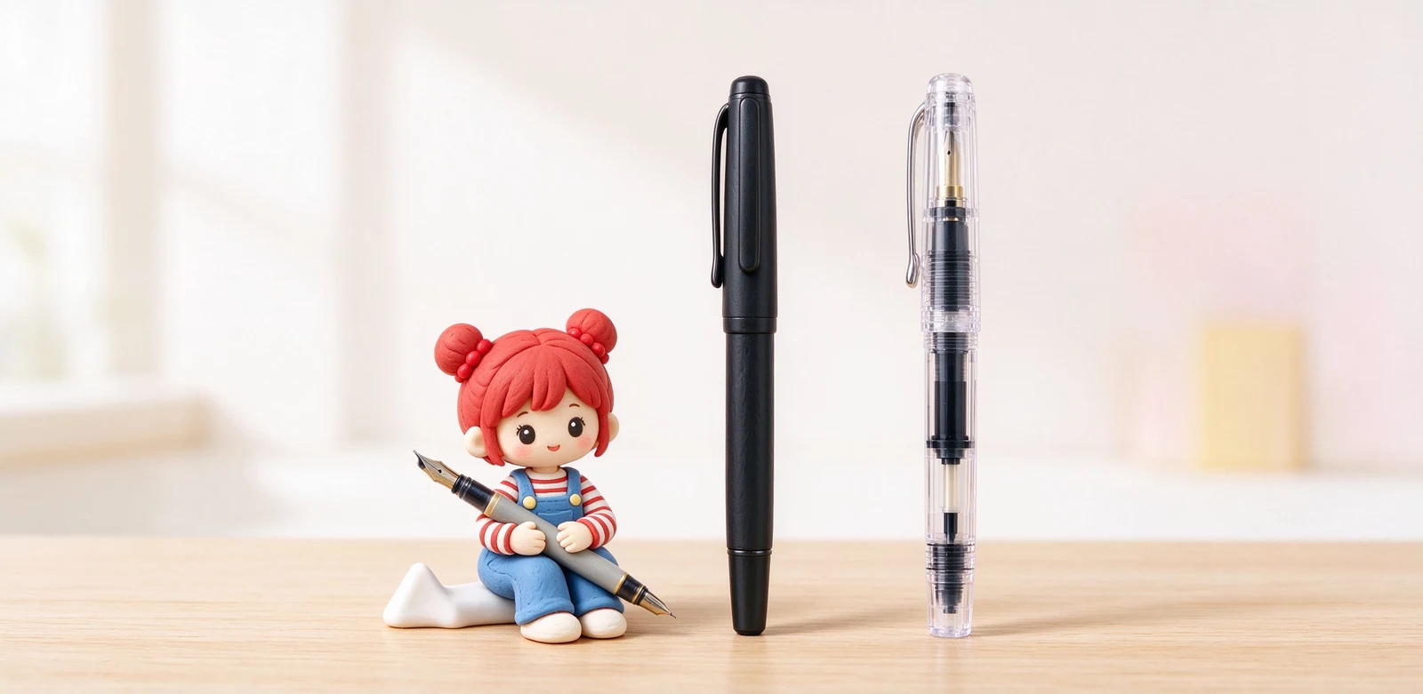 百樂入門款 Kakuno 與旗艦 Custom 823 的比較插畫，左邊小巧輕盈的卡水筆，右邊透明示範桿的真空上墨大筆。