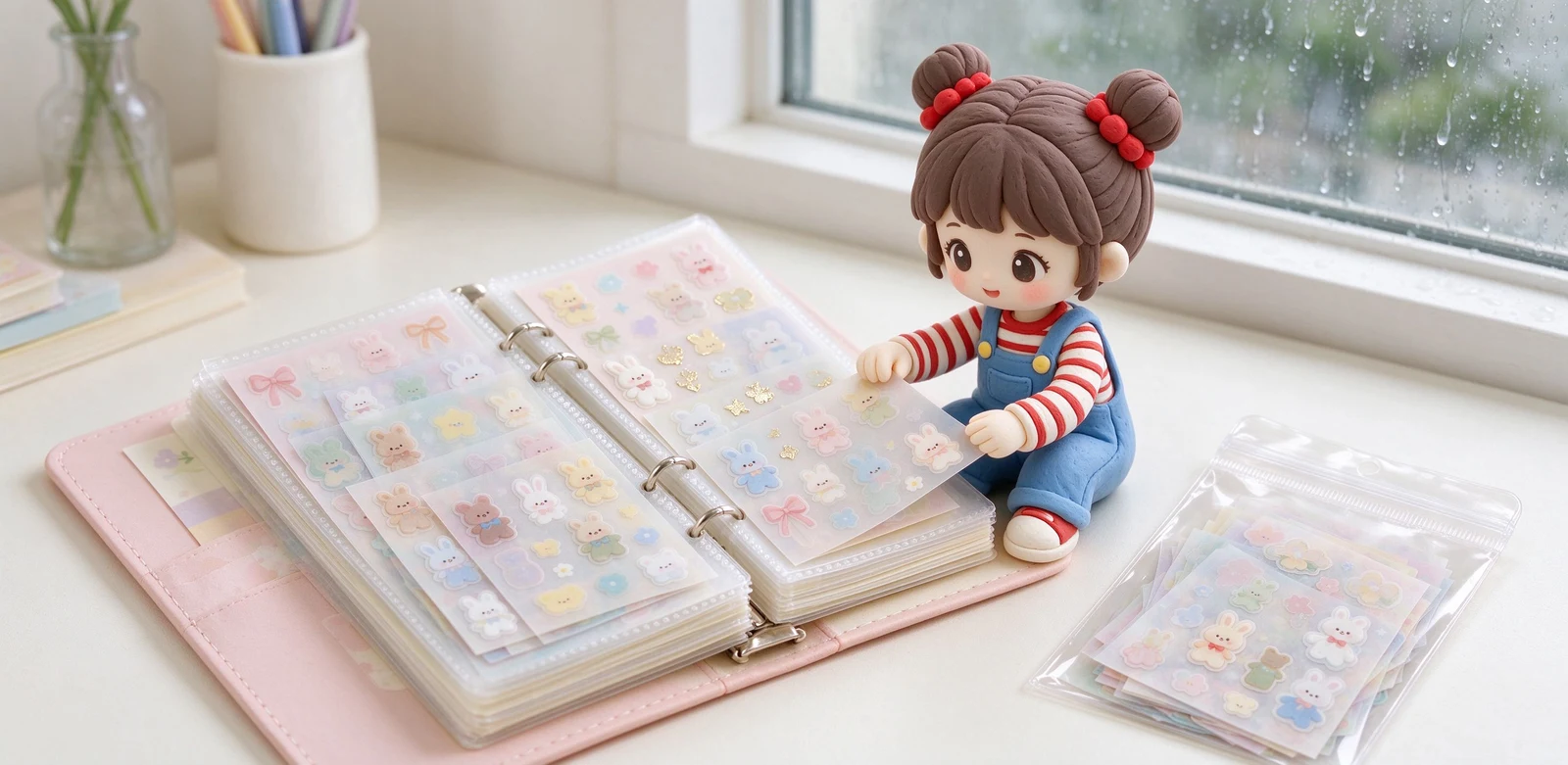 Penlulu 小女孩翻開一本貼紙收納冊,頁面上整齊排著霧面、燙金與 UV 立體貼紙,桌面散落幾張單張貼紙與一把小剪刀。