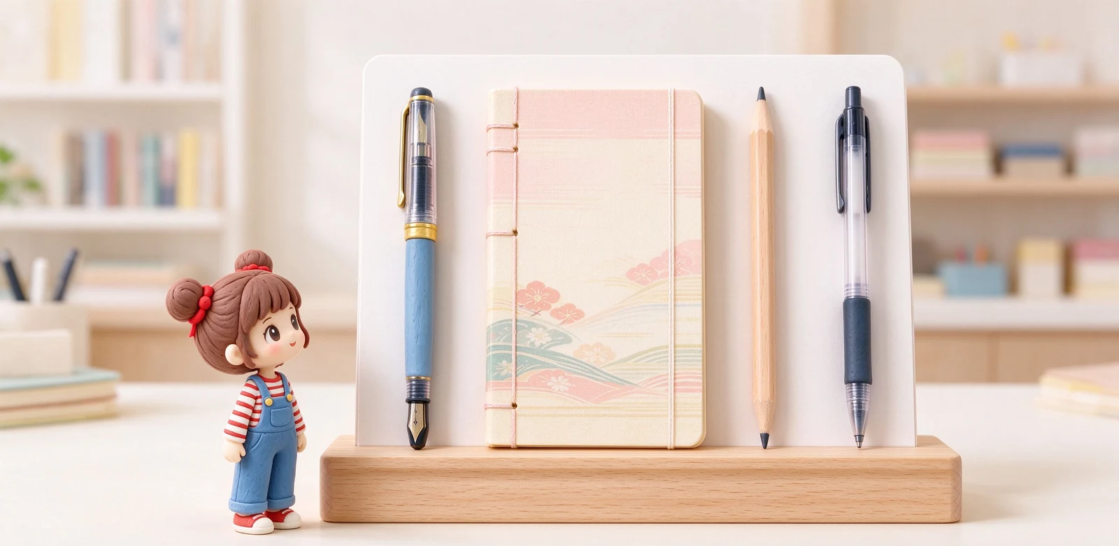 扁平風插畫：四個日本文具品牌的經典商品並排，分別標 PILOT、KOKUYO、uni、ZEBRA，背景畫出明治時代的東京街景。