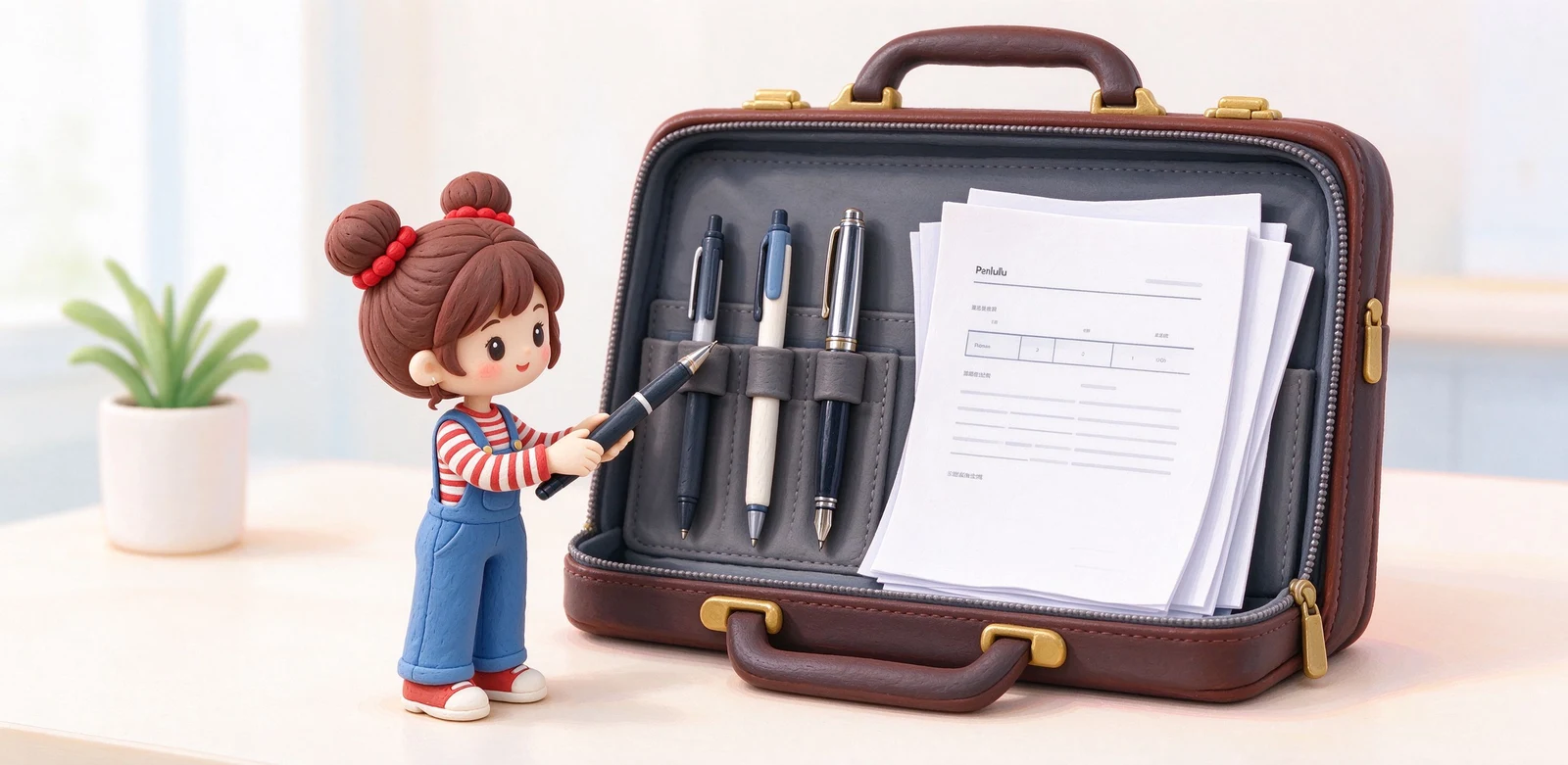 筆記用筆與簽名用筆比較插畫：左邊速乾中性筆在筆記本上書寫、右邊金屬桿油性原子筆在合約上簽名，各標示適合場景。