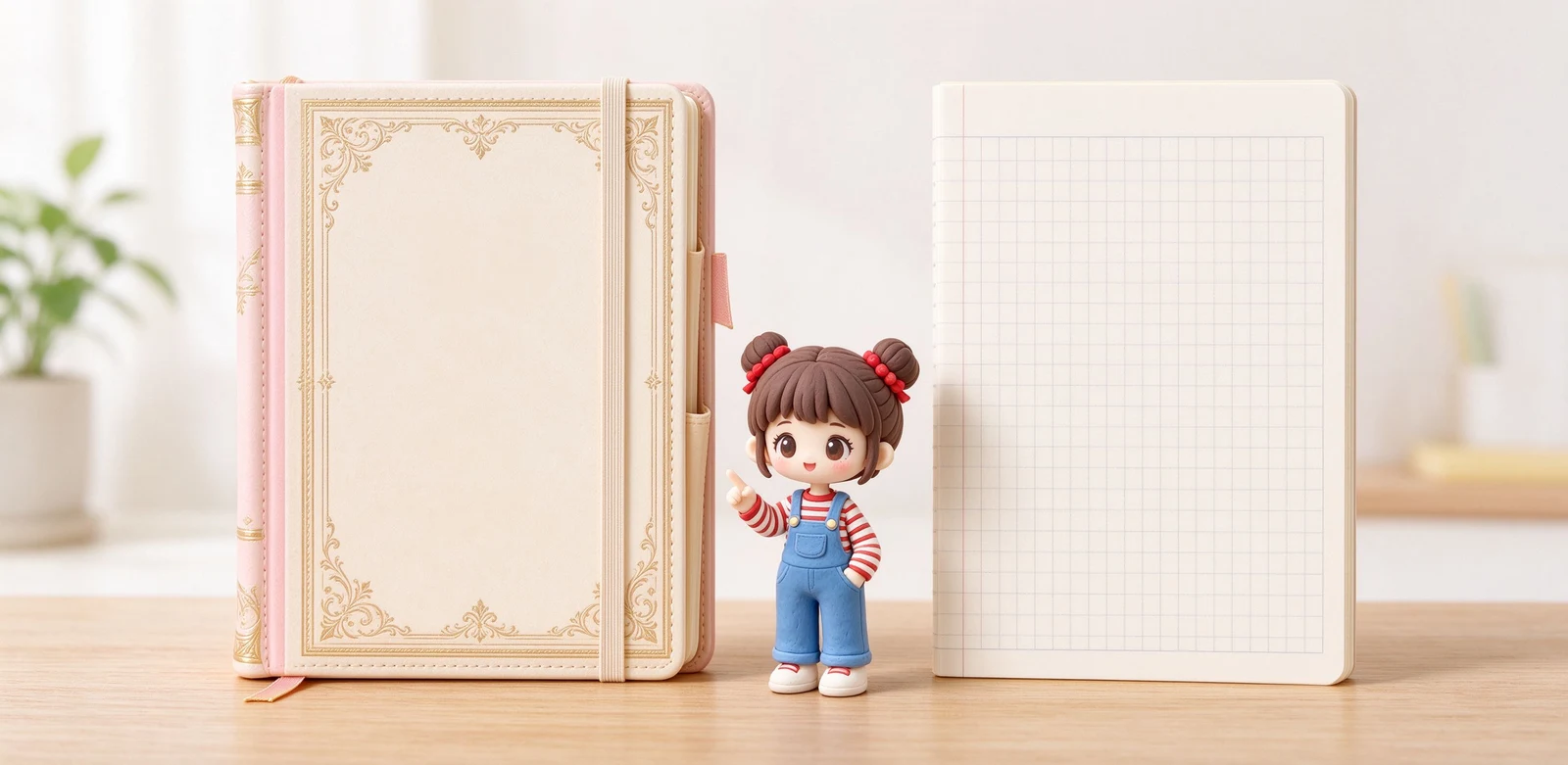 Moleskine 與 KOKUYO Campus 筆記本比較插畫,左側黑色硬殼文青款強調儀式感與送禮,右側紅藍校園本強調便宜順手。