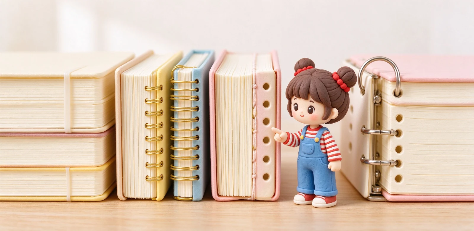 五種筆記本裝訂方式流程插畫,由騎馬釘、膠裝、線圈、穿線到活頁,標示各自如何把紙張固定成一本。