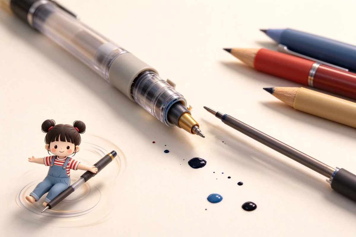 扁平風插畫：一支打開筆蓋的原子筆，前端筆珠放大顯示油性墨水從縫隙滲出，旁邊畫出受熱、氣壓、磨損三個漏油原因圖示。