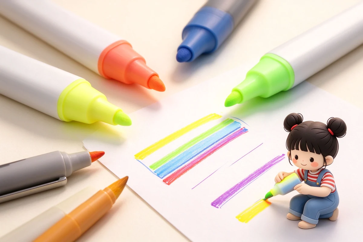 扁平風插畫：一支螢光筆在筆記本上畫重點，旁邊對照「透頁」與「不透頁」兩種效果，標出字跡未乾、紙張太薄兩個暈墨原因。