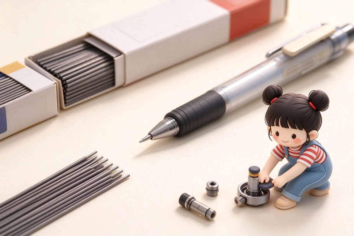 扁平風插畫：三支不同口徑的自動鉛筆並排，標出 0.3／0.5／0.7mm，旁邊畫出按壓出芯、搖搖出芯、自動旋轉三種機構圖示。