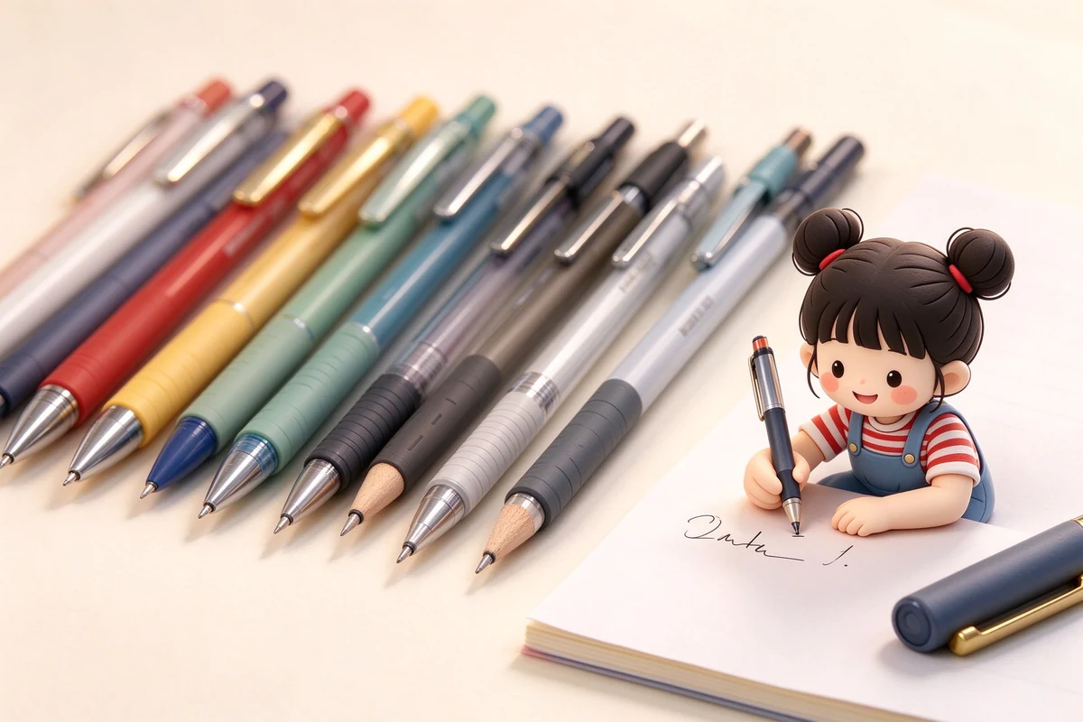 日常書寫工具主題主視覺，以3D微縮黏土風格呈現Writing Tools相關文具，含此分類代表性書寫工具與紙張，乾淨明亮的白話圖鑑風格